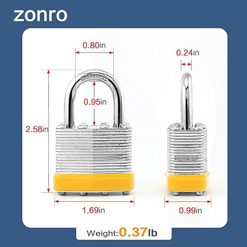Miniatura 2 de ZonRo Candados con llave de acero laminado, cerraduras iguales con llave, 1-916 pulgadas de ancho, candados de grillete normal, paquete de 6, aro