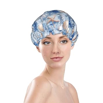 Summer Blue Coral Starfish Print Shower Cap, Waterproof Reusable Bath Caps For Women Hair, Double Layers Elastic Shower Hat Hair Protection