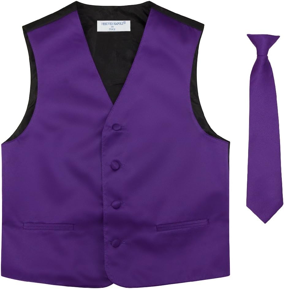 Vesuvio Napoli BOY'S Dress Vest & NeckTie Solid PURPLE INDIGO Color Neck Tie Set