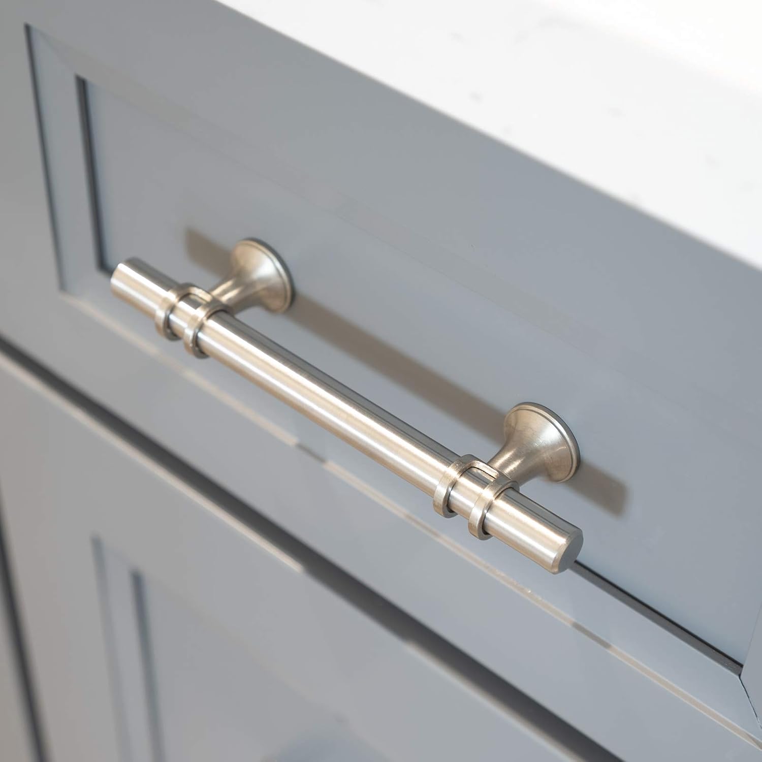 Modket 12-Series Brushed Nickel T Bar Handle Pull — 7-1/2" (192mm) Hole Centers, 10" Overall Length — 5 Pack Modern Kitchen Cabinet Door Drawer Hardware/Dresser