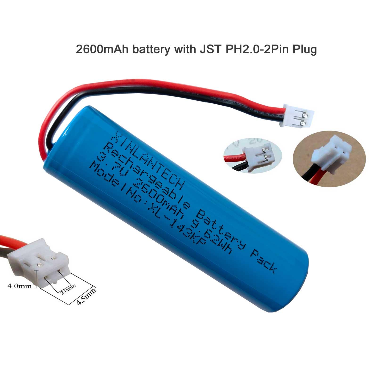 Akumulator litowo-jonowy 2600 mAh 9,62 Wh z wtyczką PH 2.0/2P do Croove B0143KH9KG Voice Amplifier Battery, PH2.0 2Pin Plug 3,7 V 18650 akumulator - 2 sztuki