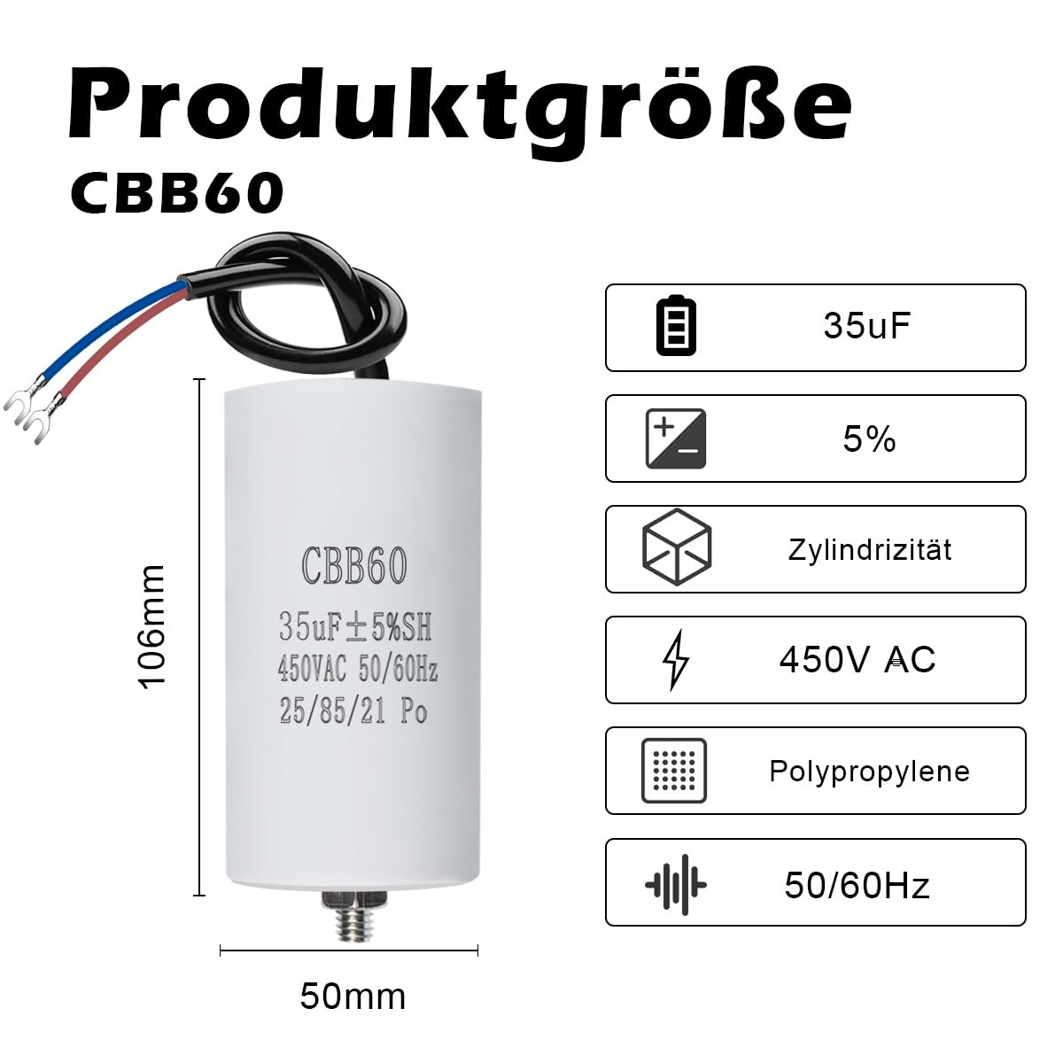 ANGEEK CBB60 450V 35µF 50/60Hz Condensador de arranque para motor 50x106mm