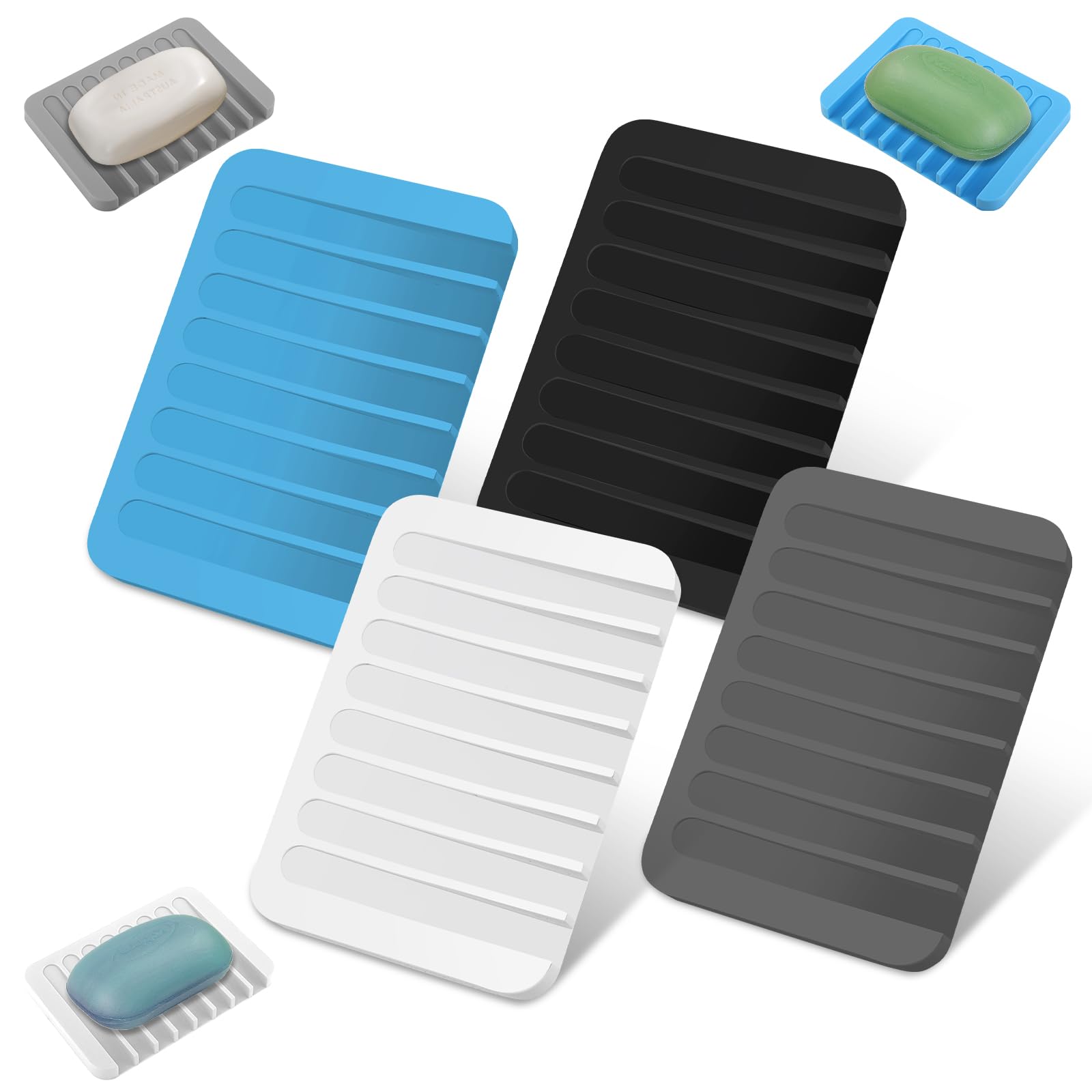 4pcs Porte Savon,Support Savon, Silicone avec Drain de vidage,Porte Savon Douche,Plateau à Savon,pour Salle de Bain Cuisine Comp