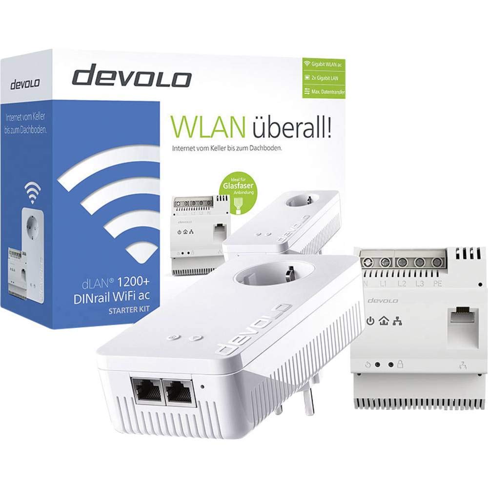 devolo Powerline Adapter, dLAN 1200+ DINrail WiFi ac Starter Kit -bis 1.200 Mbit/s, Hutschienen Adapter, WLAN Steckdose, 2x Gigabit LAN Anschluss, weiß