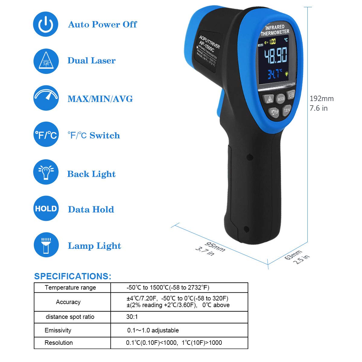 Buy 1 get 1 Infrared Thermometer AP-1500C Color LCD High Temp Thermometer Pyrometer IR Temperature Gun -58℉- 2732℉ (-50℃ to 1500℃),30:1 Distance Spot Ratio,Dual Laser and Flashlight(NOT for Human) 🛒 Flash Sale Infrared Thermometer AP-1500C Color LCD High Temp Thermometer Pyrometer IR Temperature Gun -58℉- 2732℉ (-50℃ to 1500℃),30:1 Distance Spot Ratio,Dual Laser and Flashlight(NOT for Human)