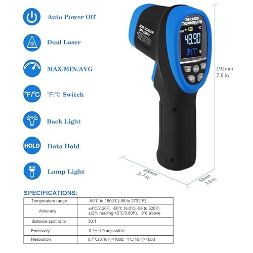 Miniatura 2 de Termómetro IR de alta temperatura -58 - 2732, pirómetro industrial láser dual 301 sin contacto, pistola termómetro digital sin contacto con gran