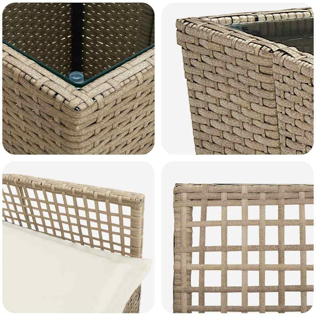 Juego bistró jardín Beige ratán sintético con Mesa Vidrio Templado, 3 Piezas, 2 sillas con Cojines, Ideal terraza Patio Exterior para Descanso y reuniones al Aire Libre