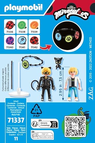 Playmobil 71337 Miraculous : Adrien & Chat Noir - Miraculous - Comprend Adrien, Chat Noir, Kwami Plagg et Divers Accessoires - Les Aventures de Ladybug et Chat Noir - Dès 4 Ans