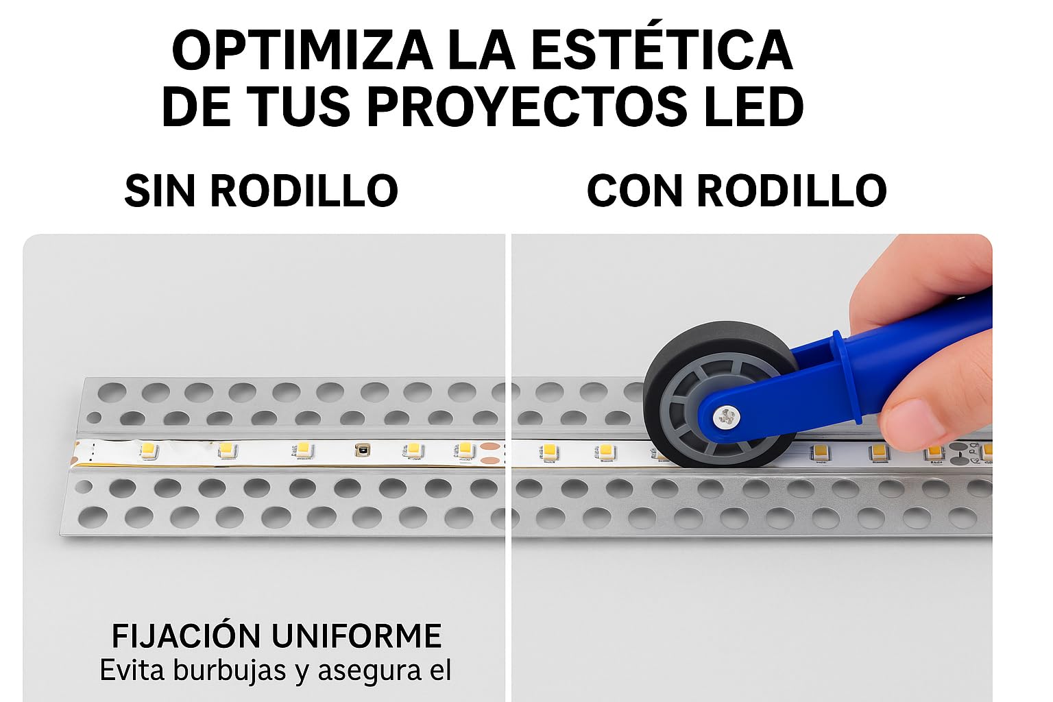 RASMACOR Rullo in gomma 2-in-1 per strisce LED | Strumento di installazione con impugnatura ergonomica | Compatibile con strisce da 6 mm e 10 mm | Teste da 47 mm e 41 mm