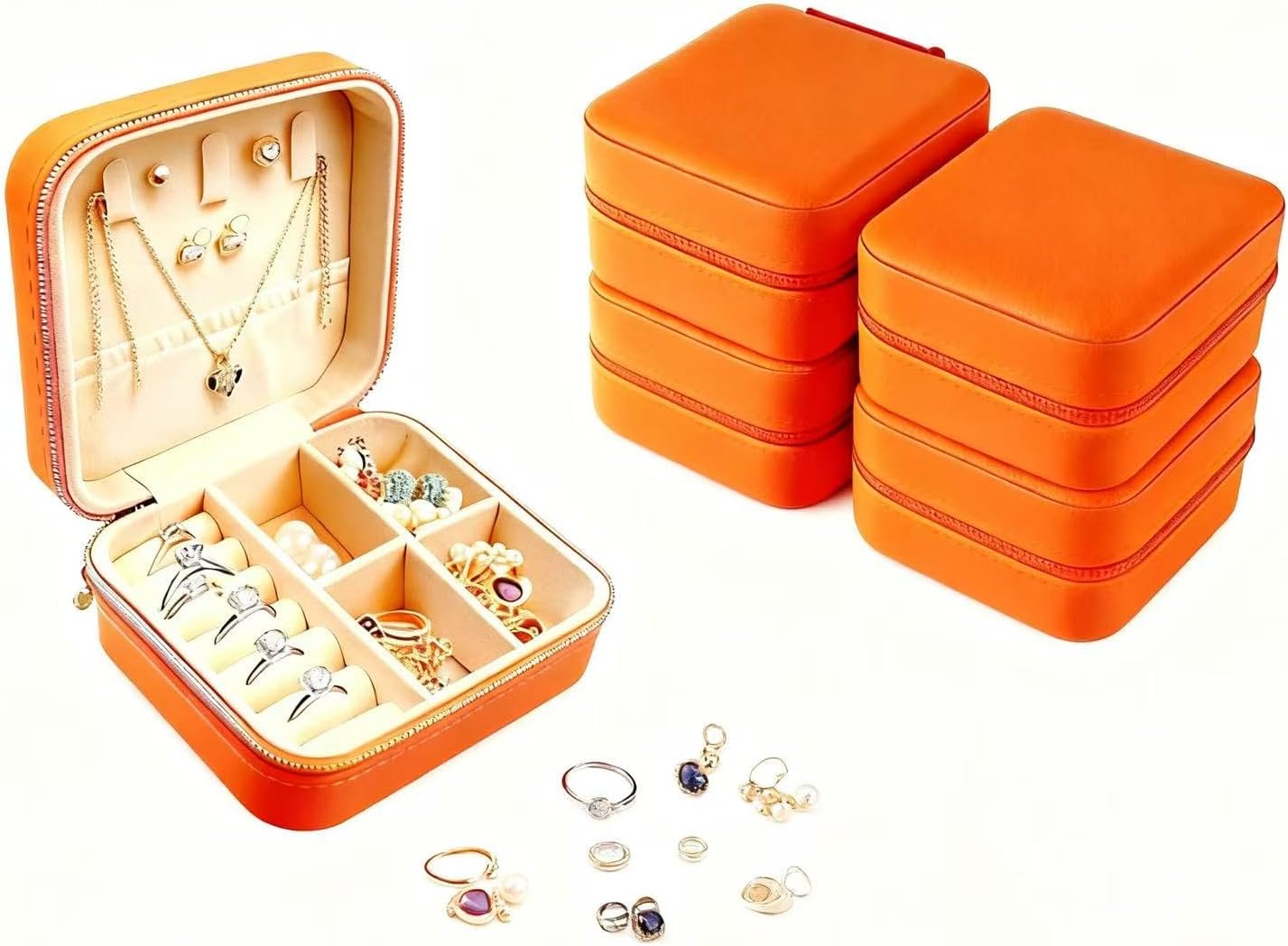 4 Pcs Travel Jewelry Box with Mirror, Portable Mini Leather Jewelry Case Organizer without Getting Tangled Together for Earrings, Necklaces, for Women Girls,Orange