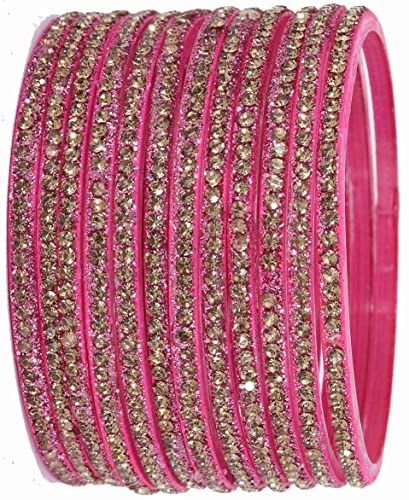 Image of NMII Glass with Zircon Gemstone and Beads Studdded Glossy Finished Traditional Bangle Set For Women and Girls
