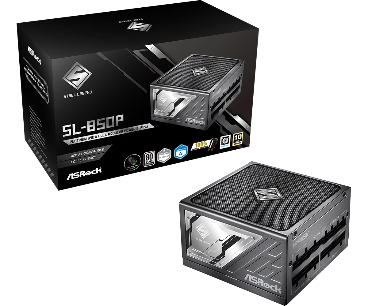 ASRock Steel Legend SL-850P 850W ATX Power Supply, 80 Plus Platinum, ATX3.1 & PCIe 5.1 Ready, Fully Modular, 135mm FDB Fan, 10-Year Warranty Lambda A+