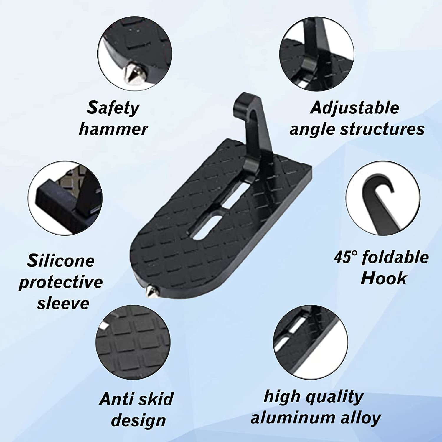 Foldable Car Door Step Universal Latch Hook Foot Pedal Aluminum Alloy Roof Access Ladder SUV Truck Safety Step Anti Slip Climbing Tool Emergency Hammer Function Vehicle Rooftop Access Portable Black 3