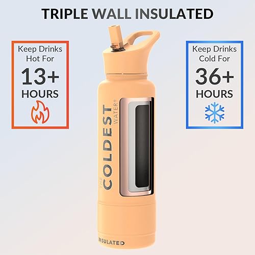 Miniatura 16 de Coldest - Botella de agua deportiva con tapa con popote y asa, a prueba de fugas, de acero inoxidable con aislamiento al vacío de doble pared,