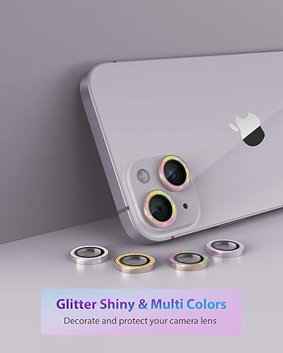 Miniatura 5 de Paquete de 2+1 Compatible con iPhone 14 y iPhone 14 Plus, protector de lente de cámara con purpurina, bandeja automática, aleación de aluminio más