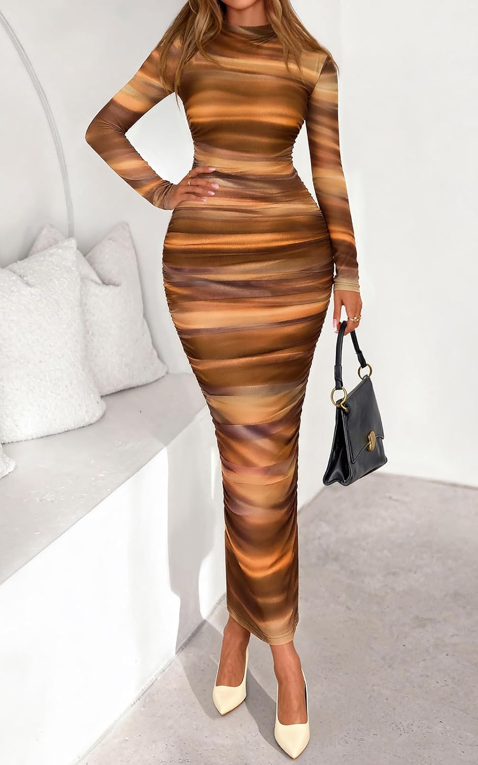 PRETTYGARDEN Womens Long Sleeve Maxi Dresses 2026 Spring Ruched Bodycon Floral Mesh Formal Wedding Guest Cocktail Party Dress - Image 2