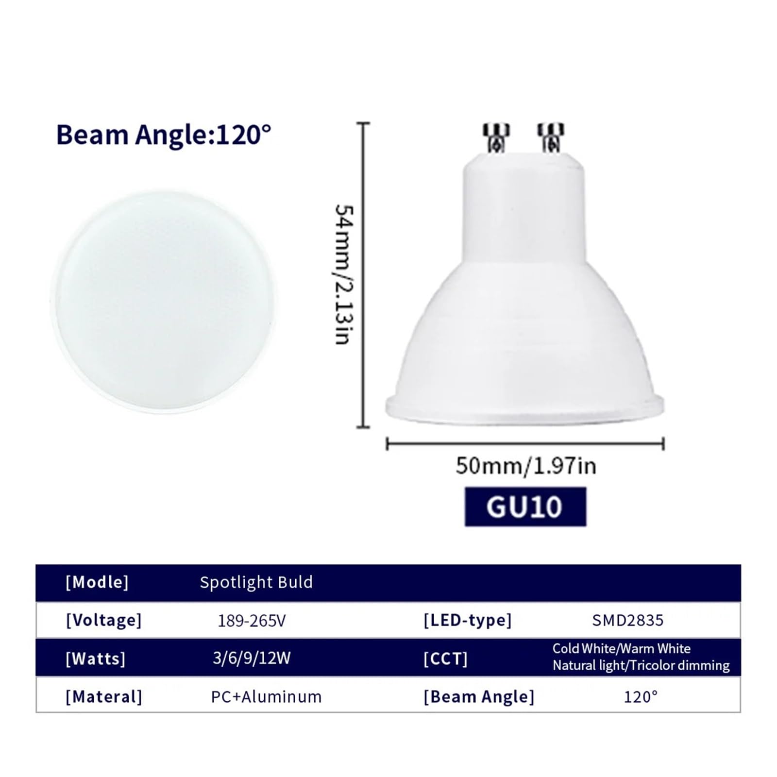 eufeifeiegds 50 bombillas LED GU10 de 220 V, focos, lámparas decorativas, ahorro energía(Cold white,50 PCS_12W)