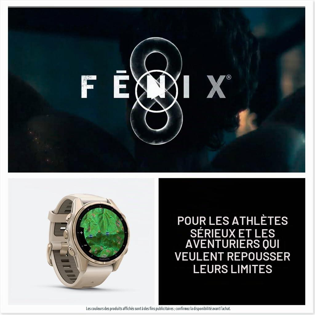 Garmin fēnix® AMOLED Montre Intelligente GPS Multisports Haut de Gamme 8-43 mm, Batterie Longue durée, Lampe de Poche LED intégrée, Couleur Saphir, Or Doux avec Bracelet en grès foncé | Lentille saphir, or doux avec bracelet en grès foncé, 10 ATM, lampe d