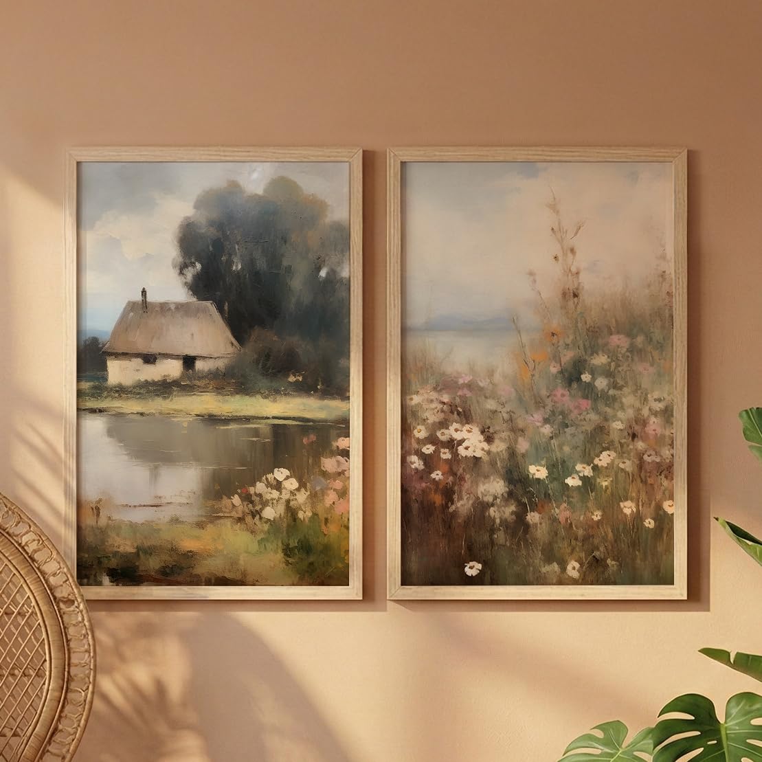 NoWorries Wall Art Frames Set of 2 | Vintage Landscape and Floral Meadow Wall Art with Frames | Nature Aesthetic Wall Decor, HD Printed Framed Posters for Living Room, Bedroom, Office and Home Decoration (Rustic Cottage Style) (Art-3, 33.02L x 25.4W CM, Natural)-image-4