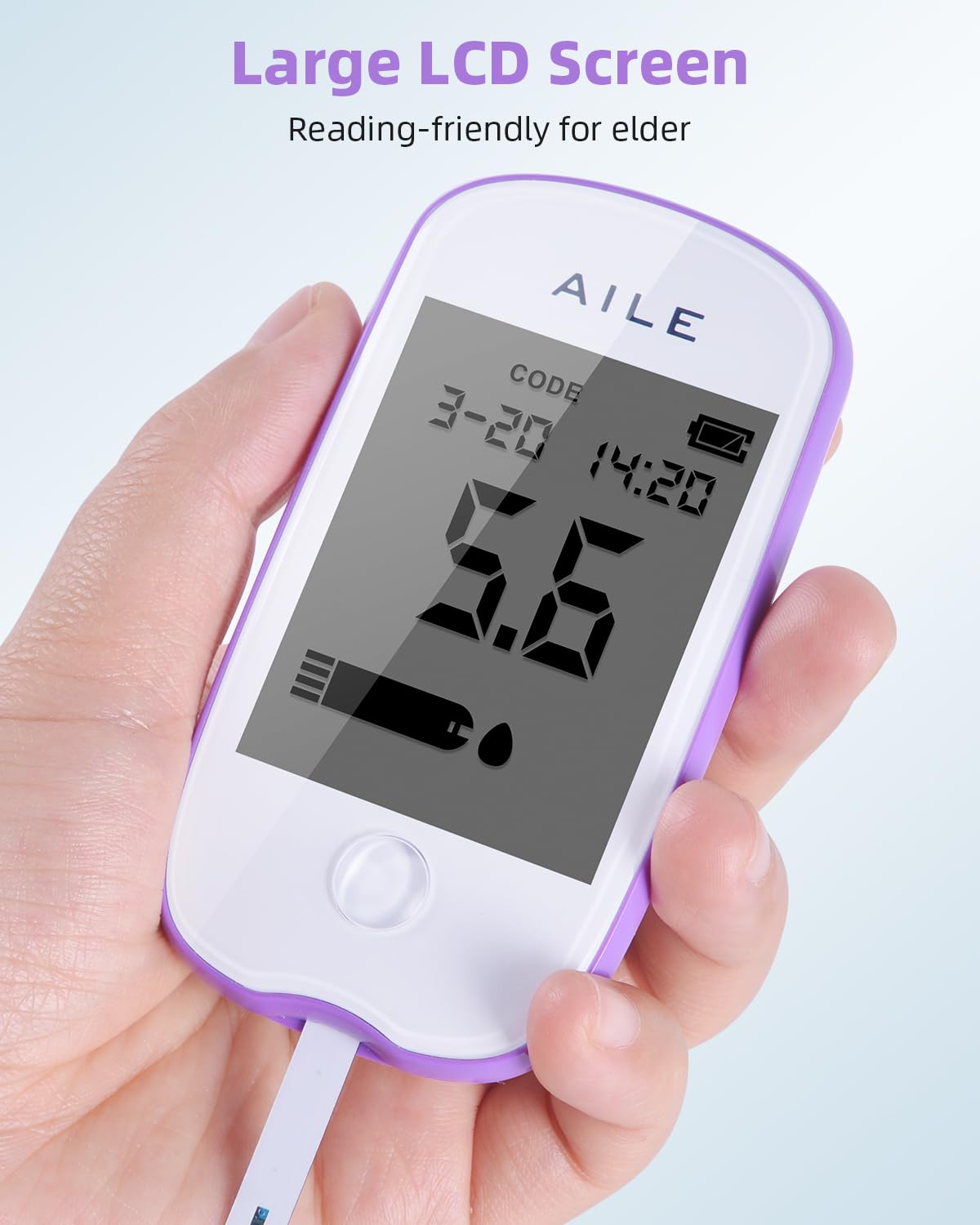 A hand holding the AILE A608 blood glucose monitor, showing the large LCD screen with a clear blood glucose reading.
