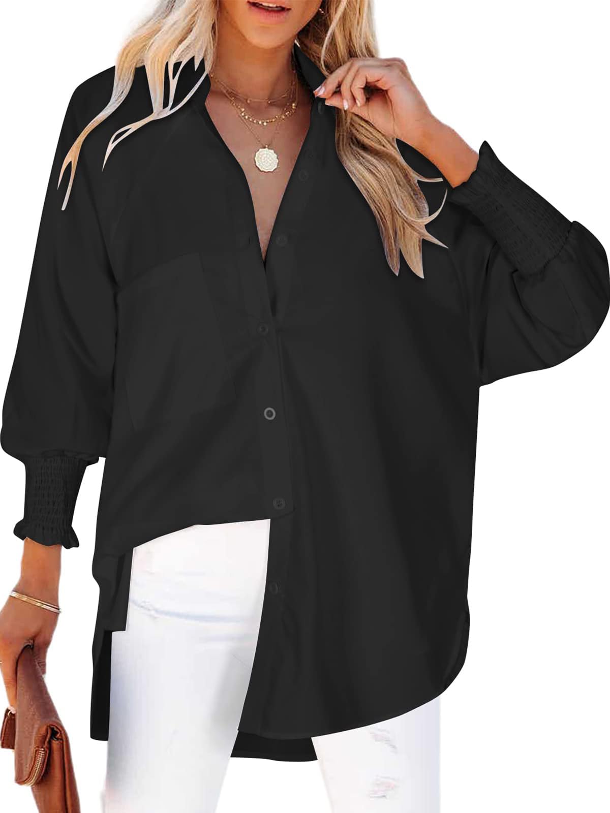 Cuptacc Bluse Damen Elegant V Ausschnitt Langarm Knöpfen Blusen Damen Gestreifte Brusttasche Oberteile