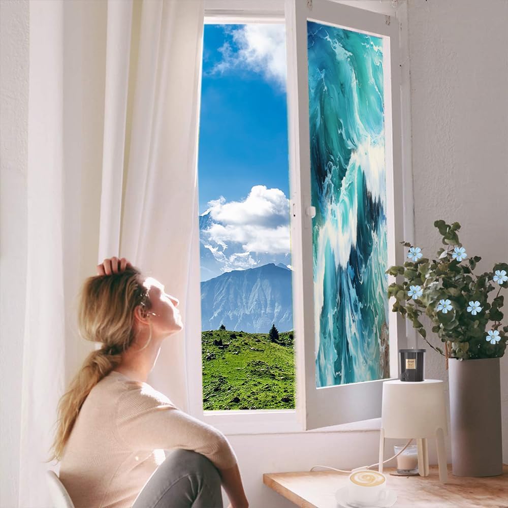 Colorful Ocean Waves Stained Glass Window Film, Abstract Green Sea Landscape Decorative Frosted Glass Window Privacy Film, Heat Control Adhesive Windows Sticker 35.4Wx63L inch