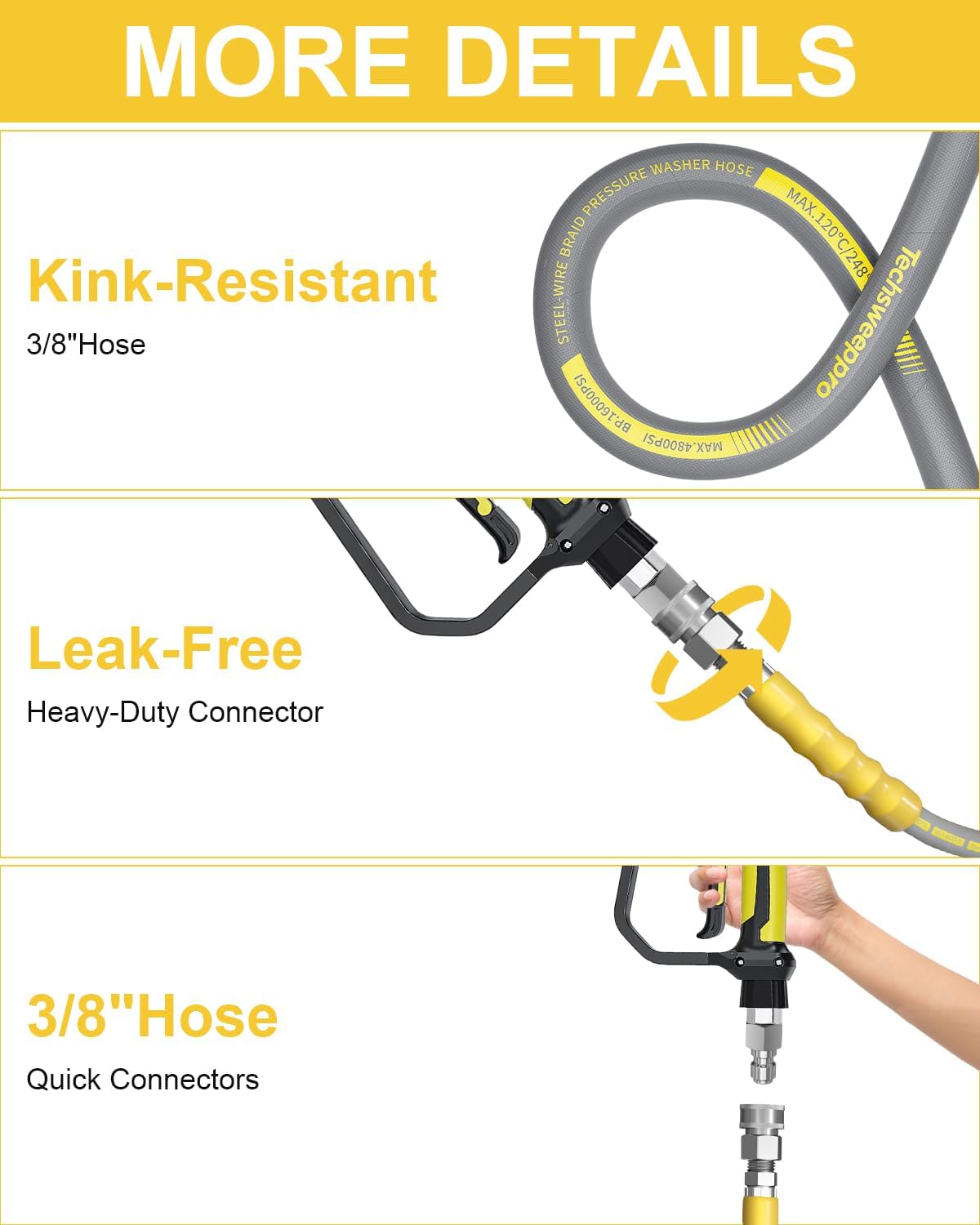 4800PSI Pressure Washer Hose 25FT with 3/8" Swivel Quick Connect for Cold/Hot Water Max 248°F, Kink Resistant Steel Wire Braided, Wear Resistant Power Washer Hose with 2 M22 14mm Adapter, Gray