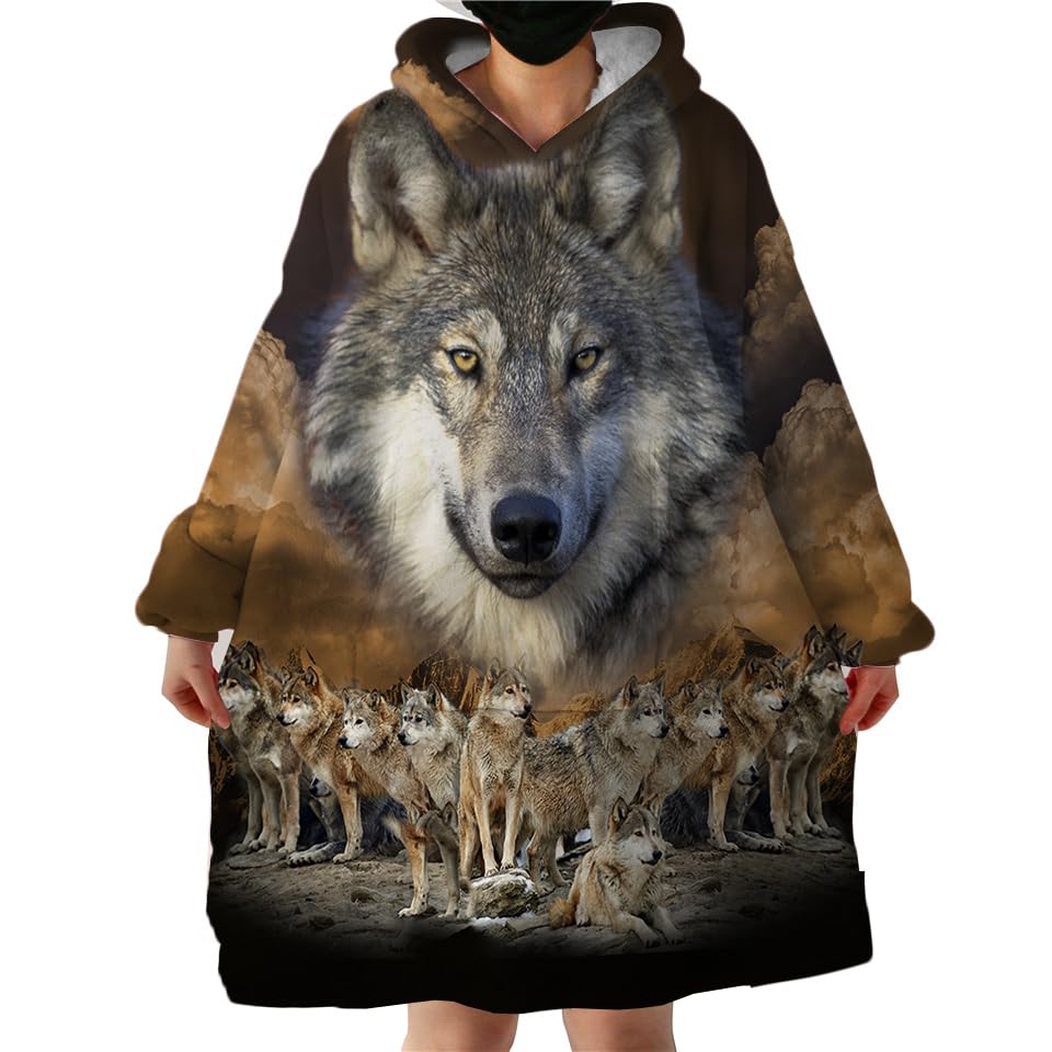 BlessLiving Gold Wolf Sweatshirt Blanket Hoodie Native American Wolf Sherpa Fleece Oversized Hoodie Blanket with Giant Pocket, Super Cozy Wearable Blanket Hoodie Sweatshirt Gift (Adults 63