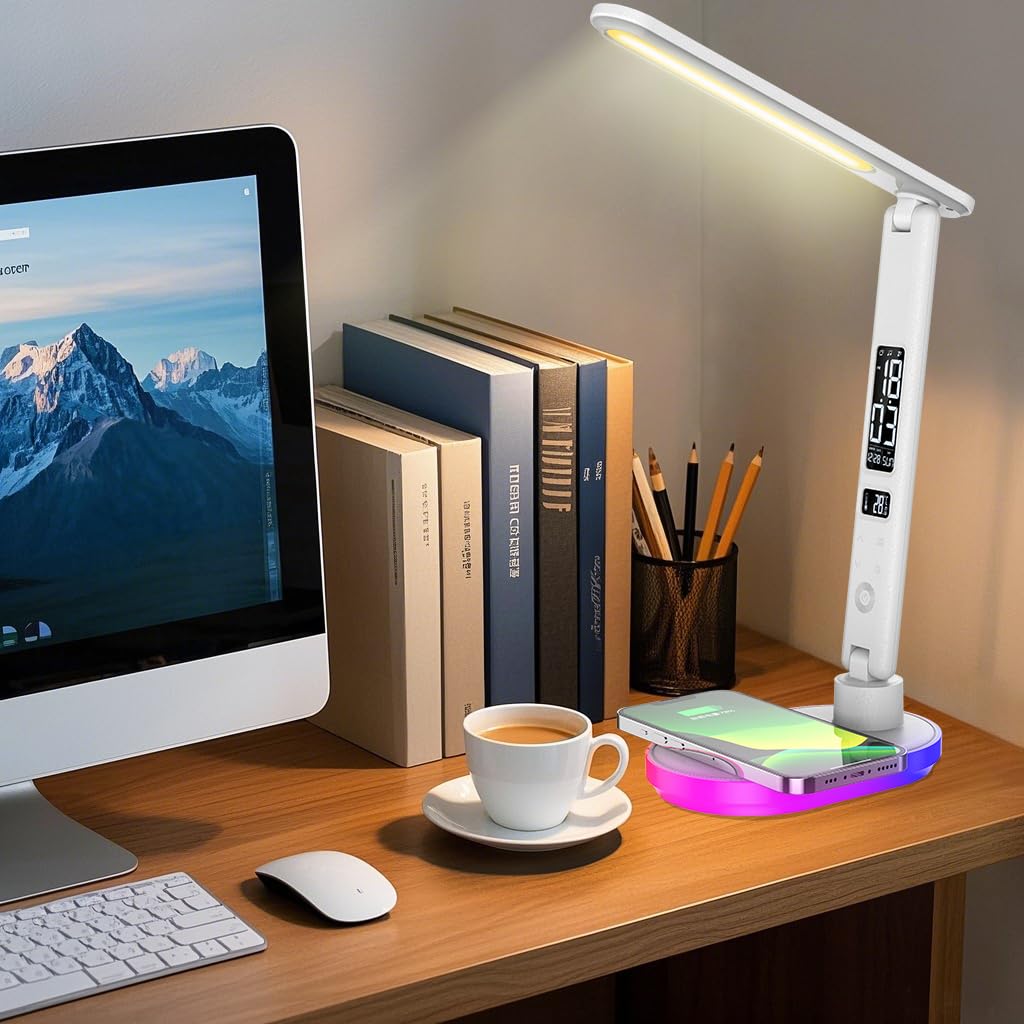 Lampada da Tavolo con Caricabatterie Wireless da 10W, Ricarica USB, 3 Colori e 5 Livelli di Luminosità, Lampada da Tavolo Touch Control con Temperatura Orologio RGB per Cameretta, Ufficio