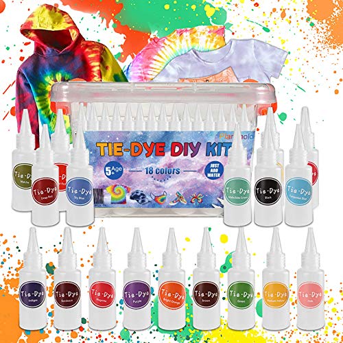 Tie Dye DIY Kit for Kids & Adults, 18 Colors Fabric All-in-1 Dye Set with Storage Box, Aprons,Gloves, Rubber Bands and Table Covers for Handmade Textile Craft Arts Family Groups Party Activity