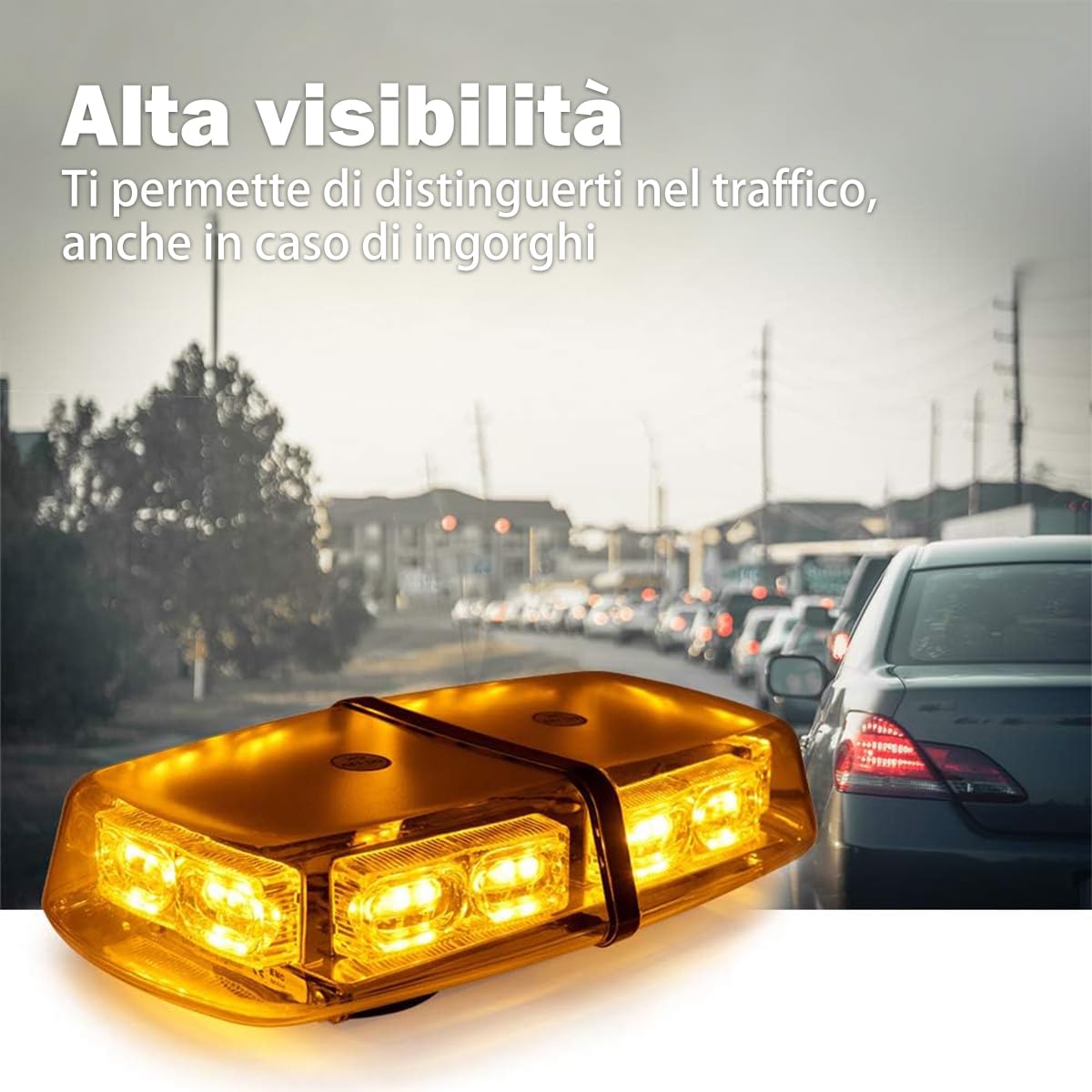 Mini Barra LED Stroboscopica Magnetica 36 LED Ambra 12V/24V, Luce di Emergenza con 7 Modalità Flash IP66 per Camion, Taxi, Veicoli da Cantiere e Sicurezza Stradale