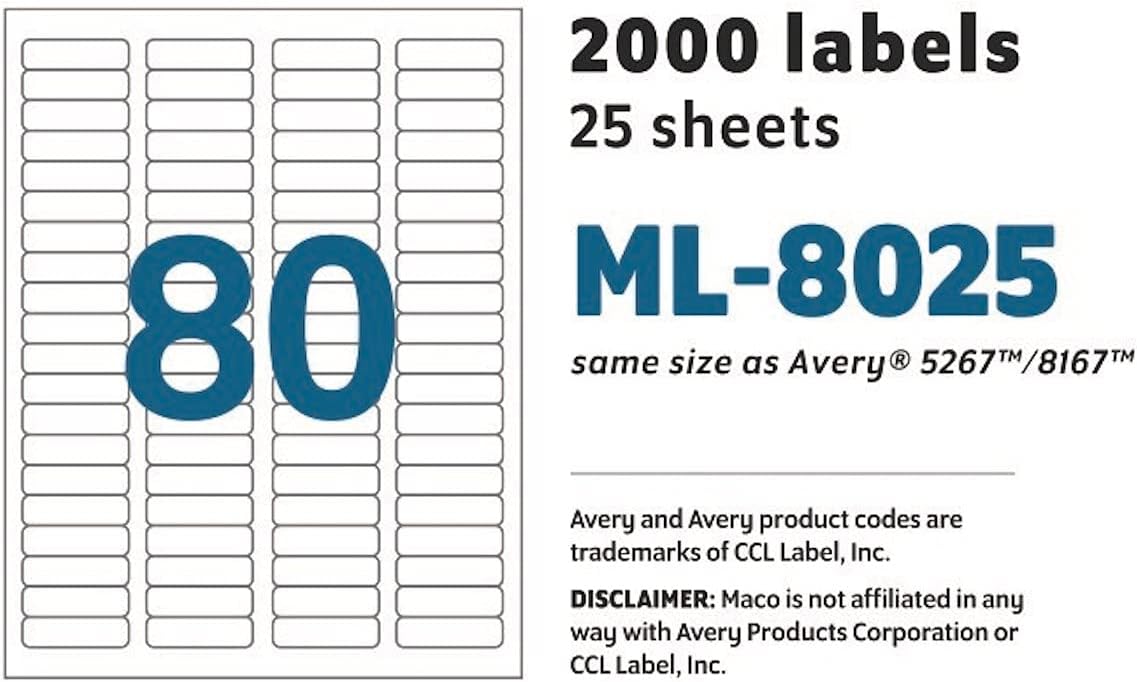 MACO Laser/Ink Jet White Return Address Labels, 1/2" x 1-3/4", 80 per Sheet, 2000 per Pack (ML-8025) - Image 6