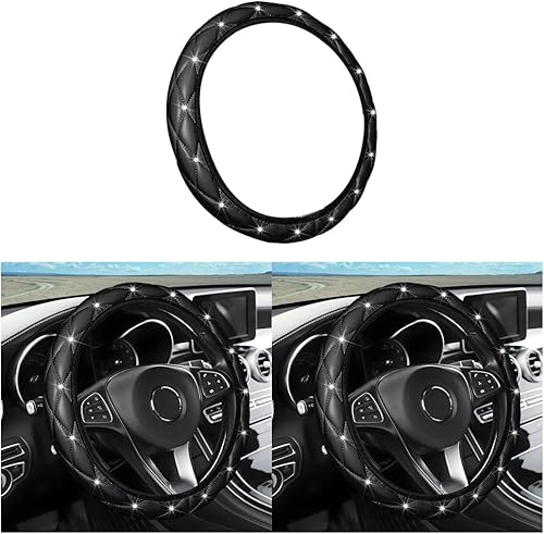 Funda de volante de piel suave con diamantes de imitación de cristal, accesorios universales para SUV, camión, camioneta, automóvil (negro)