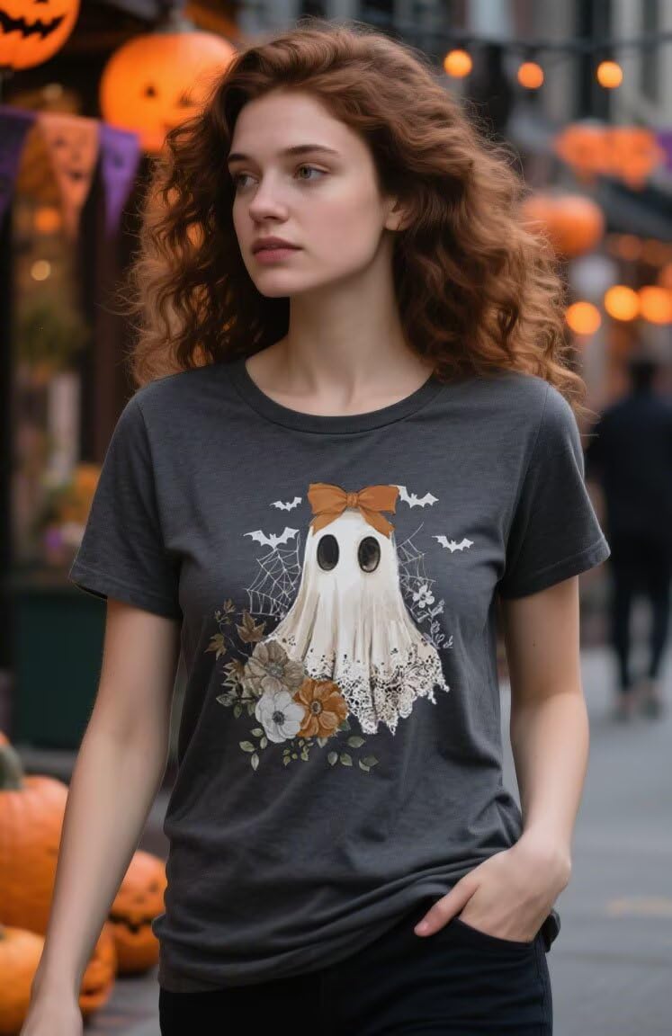 Halloween Shirts for Women Cute Ghost Graphic Tees Fall Crewneck Short Sleeve Costumes Autumn Party Graphic T-Shirt - Image 3