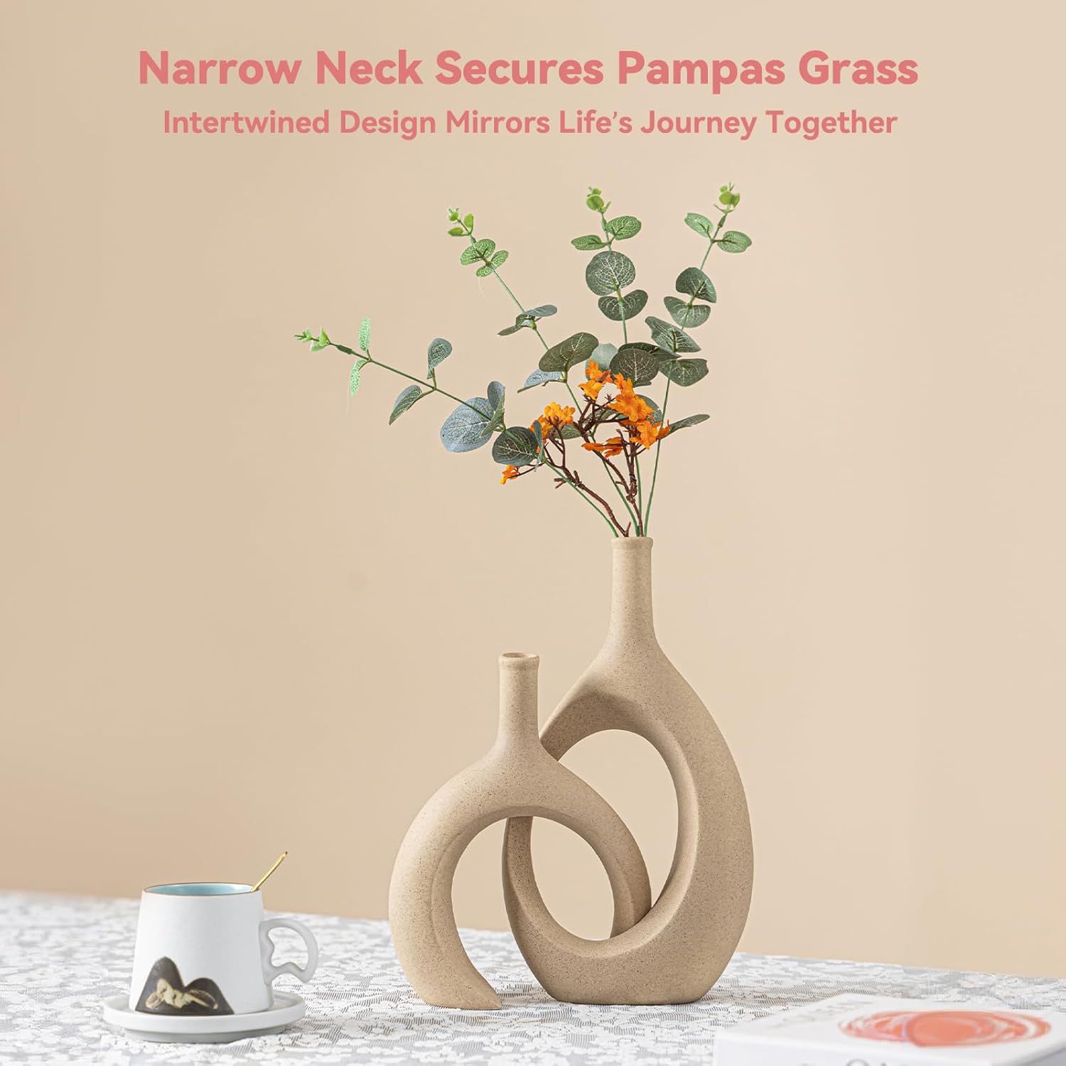 Intertwined Ceramic Vase Set for Couples, 11.8"+8.8" Farmhouse Boho Vases for Pampas Grass, Wedding for Home Living Room Office Decor