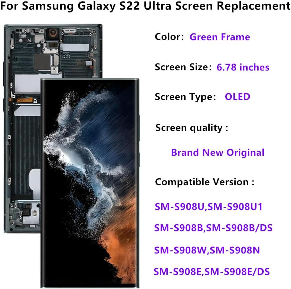 OLED for Samsung Galaxy S22 Ultra 5G LCD Screen Replacement Galaxy S22Ultra SM-S908U SM-S908U1 Display Screen Touch Digitizer Assembly Supports Fingerprint (with Green Frame+Soft Film+Tools)
