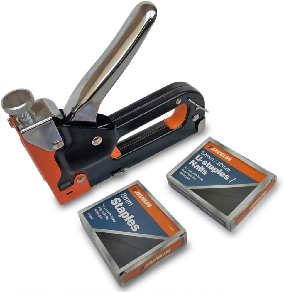 Javelin Heavy Duty Staple Gun With Carry Storage Case, & Staples 8mm, 12mm/10mm U-staples/nails