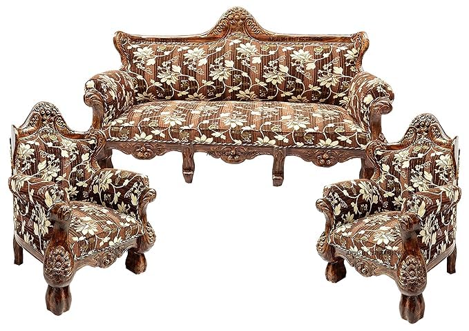 Image of Luxury Antique Sofa Set in a Classic Living Room Setting Solid Teak Wooden Five Seater Sofa Set with Cushion for Living Room | Honey Brown Finish | 208D x 76W x 119H cm (Design7)