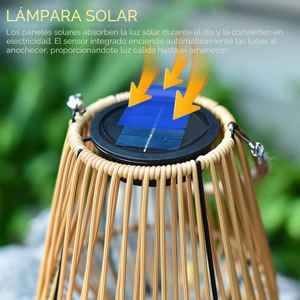 Farolillos Solares Exterior, 2 Piezas Lamparas Solares Exterior, Luz Solar de Ratán, Farolillo Solar Exterior para Jardín, Terraza, Balcón