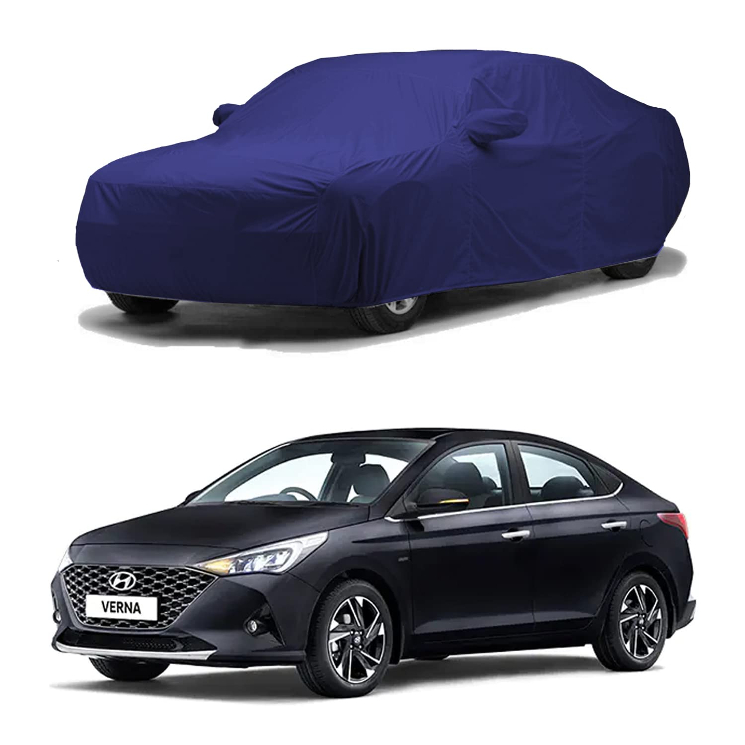 Premium Waterproof Car Cover for Hyundai Verna, with 4 Wheel Straps, Mirror Pocket & Buckle Belt, All Weather Proof Car Cover, Teffta Blue