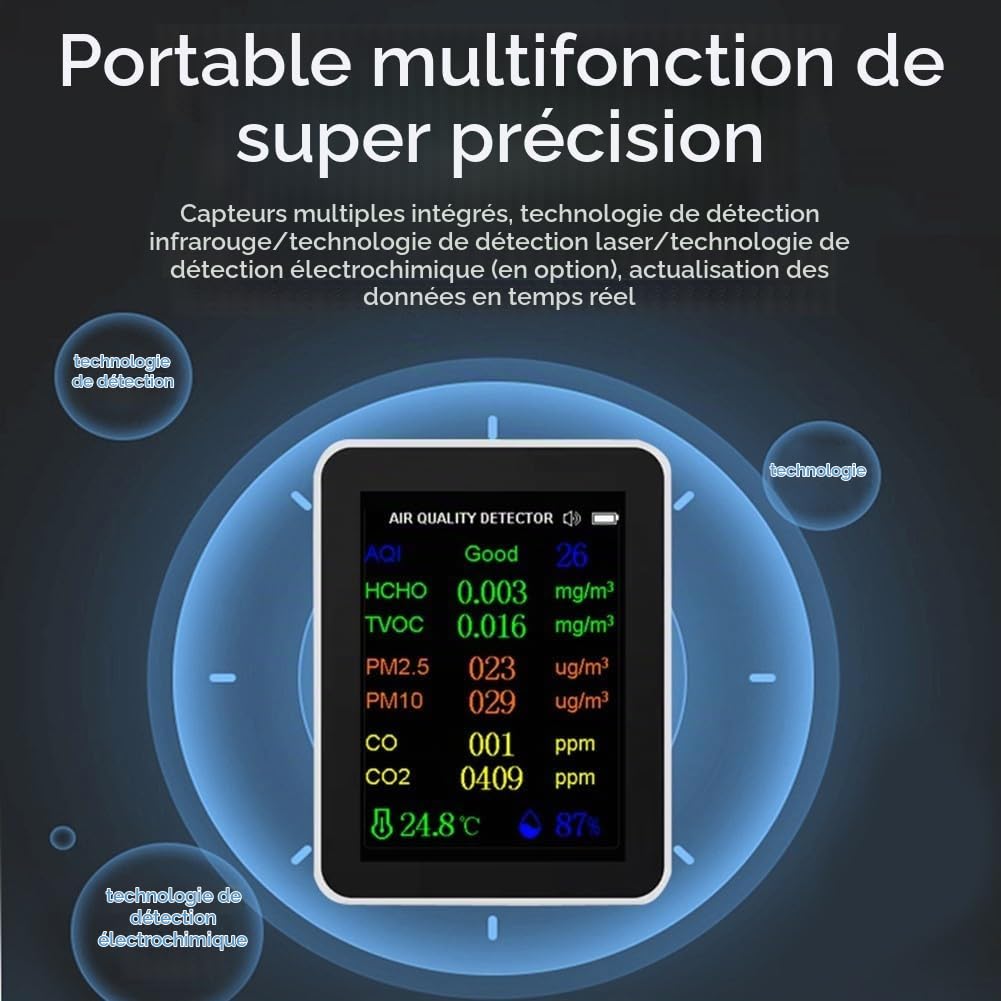 Compteur de qualité de l'air 10 en 1 PM2,5 PM10 HCHO AQI Température Humidité Testeur