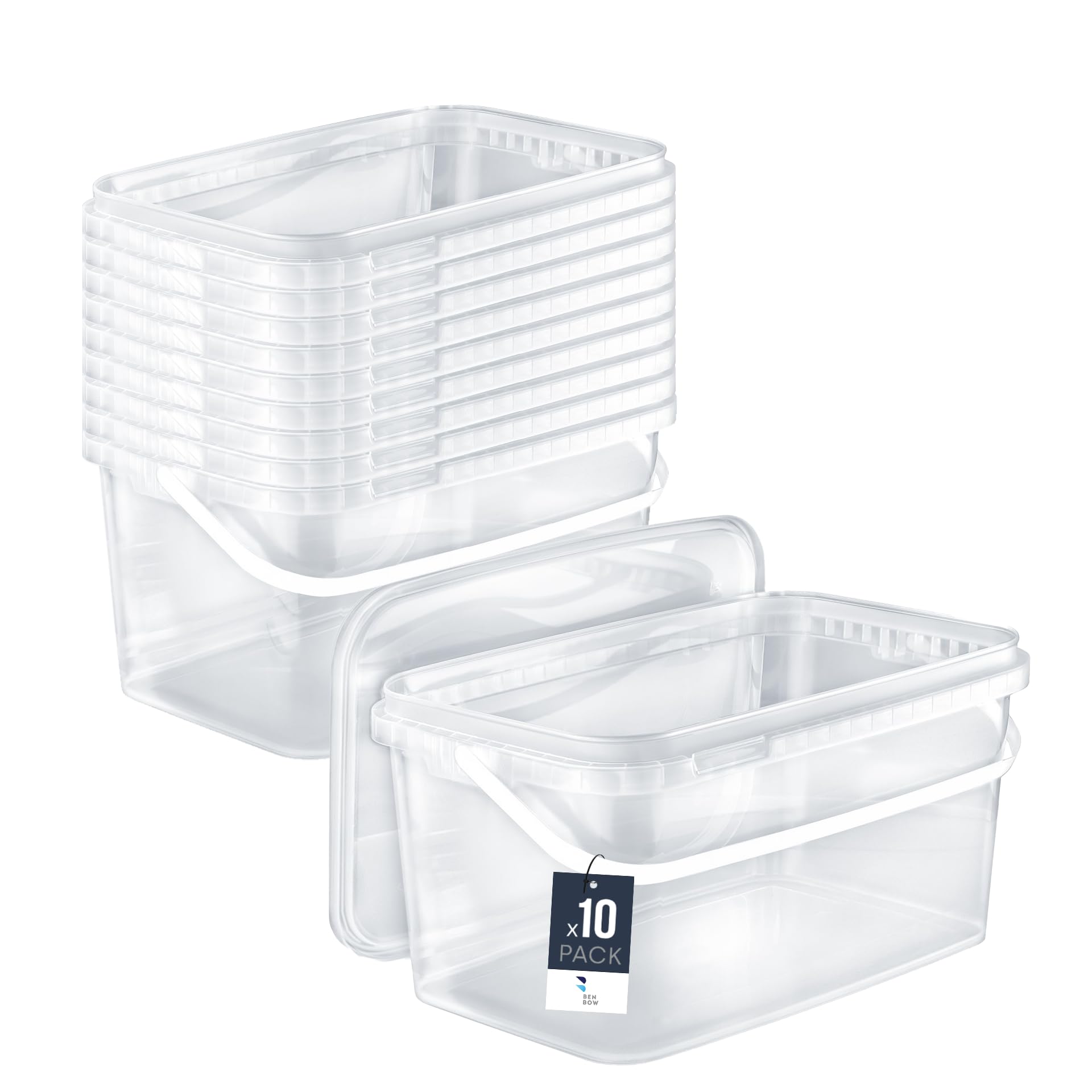 Benbow Transparent Rectangular Bucket With Lid 1.1 Gal (10X 5L) - Food-Safe, Stackable Plastic Box With Handle - Airtight, Leak-Proof, Odourless, Ideal For Home And Commercial Use - Empty