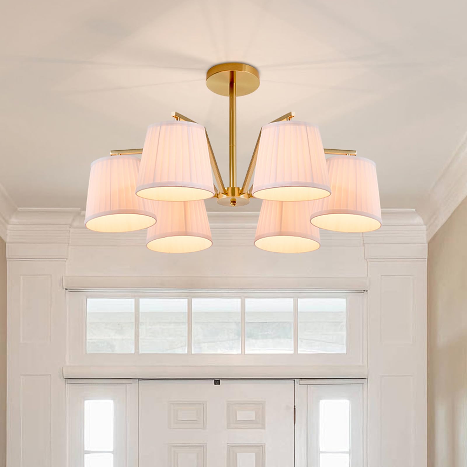 Afirstcght 27.95" W Brass Chandelier 6-Light with White Fabric Linen Shades | Adjustable Gold Chandeliers Modern Mid-Century Brass Pendant Light Fixture for Living Room Dining Room Bedroom