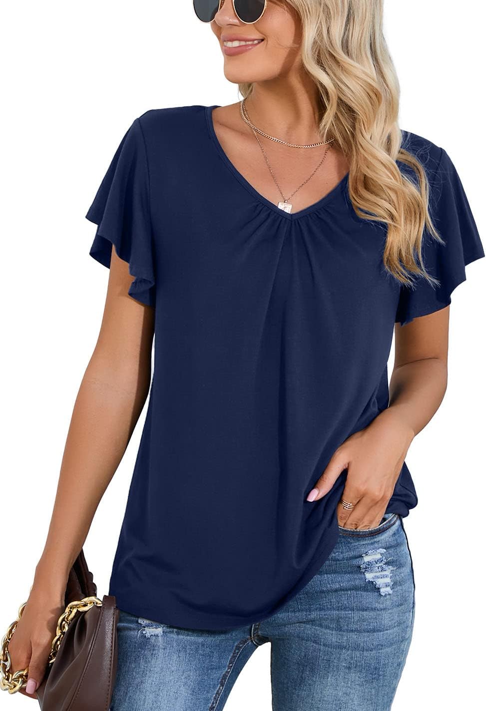 Iandroiy Women’s Casual Shirred V-Neck Top Ruffle Short Sleeve Shirts Basic Pleated Top