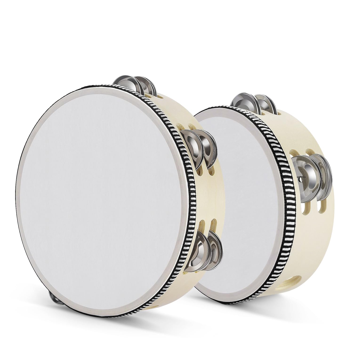 Flexzion Handheld Tambourine - 8 &amp; 6 Inch Set of 2 Pack, Double Row 12 Pair Metal Jingles, Percussion Drum Moon Musical Educational Instrument for Adults Classroom Gift Party (Wood)