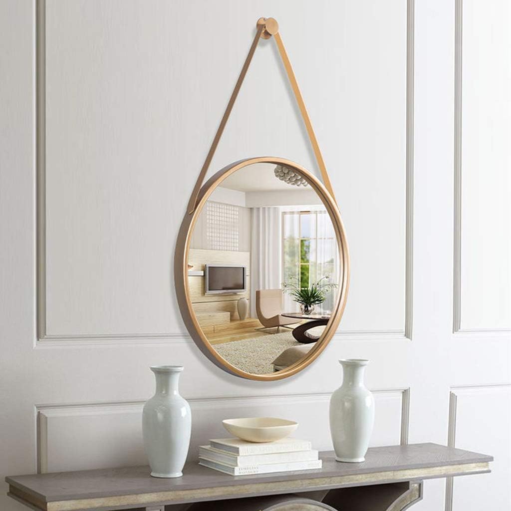 Freestanding Bathroom Mirror Metal Framed Round Hanging Mirror with Hanging Strap Creative Makeup Shaving Iron Mirrors 60Cm