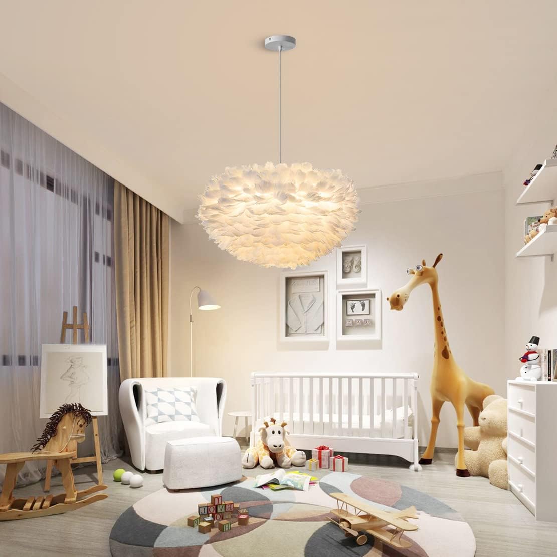 KCO Lighting Nordic Feather Hanging Light 11.8" White Feather Chandelier Light Fixture Modern Pendant Lamp for Girls Room Kid Room Bedroom (30cm/11.8'')