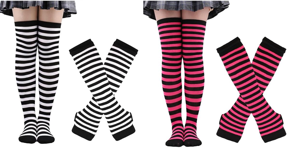 4 Pairs Womens Striped Arm Warmers Goth Y2K Knitted Fingerless Gloves with Long Knee High Socks Set