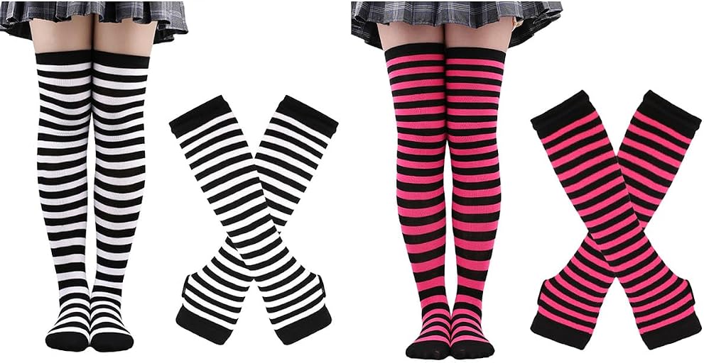 ZXOLDZX 4 Pairs Womens Striped Arm Warmers Goth Y2K Knitted Fingerless Gloves with Long Knee High Socks Set