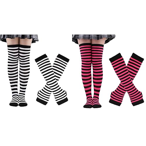 ZXOLDZX 4 Pairs Womens Striped Arm Warmers Goth Y2K Knitted Fingerless Gloves with Long Knee High Socks Set - 2 Sets Black/White+pink